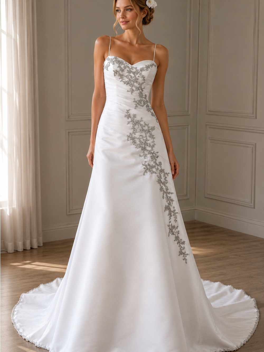 Mari Lee Ivory Beaded Mesh Wedding Gown Cathedral Train US 6